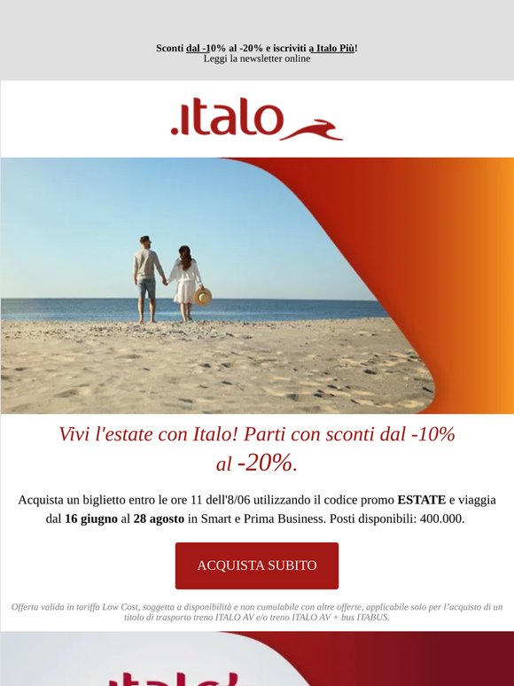 Vivi l'estate con Italo! Parti con sconti dal -10% al -20%.