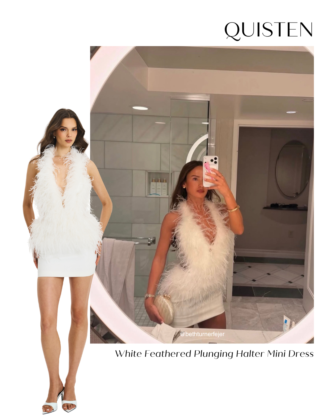 Quisten White Feathered Plunging Halter Mini Dress