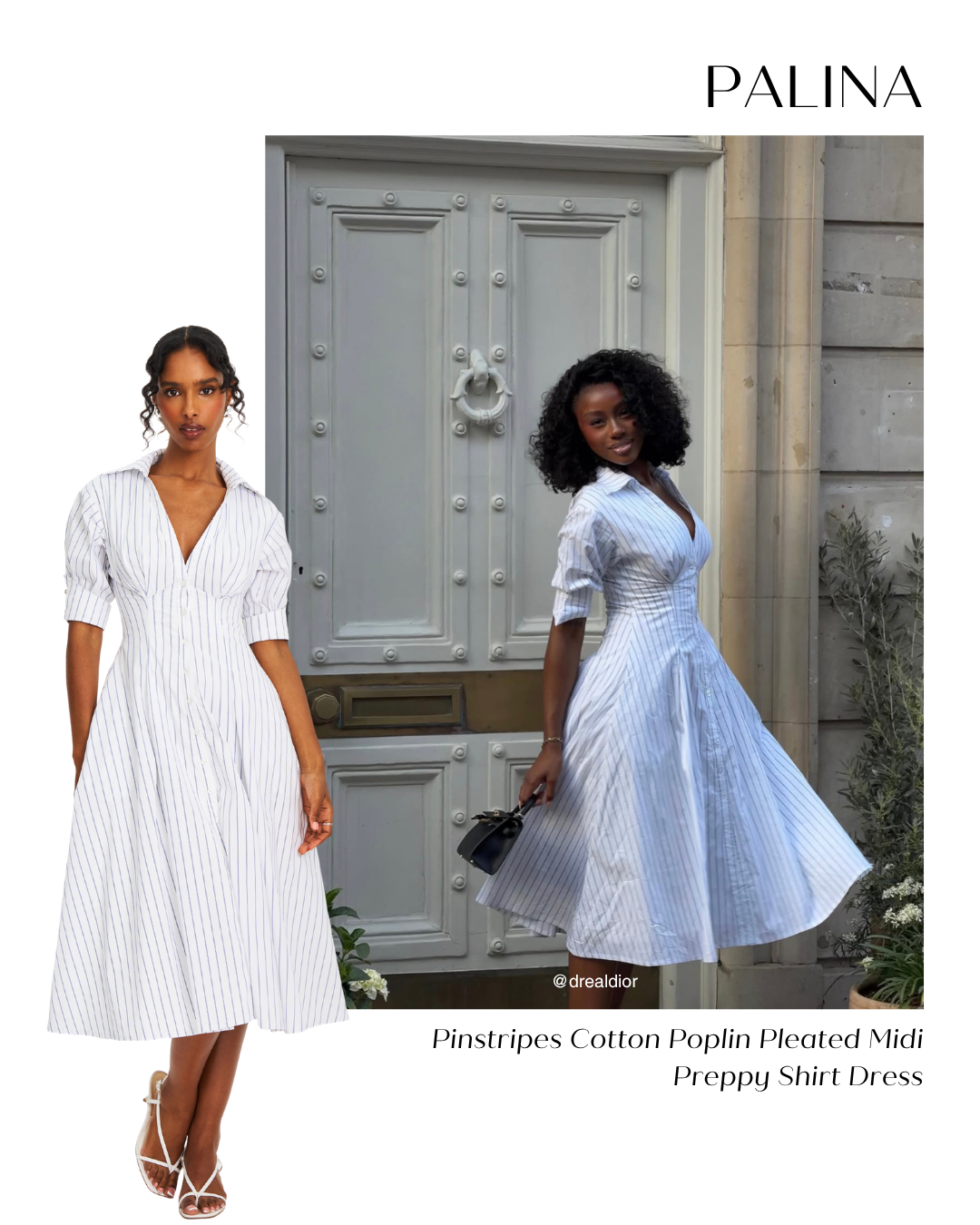 Palina Pinstripes Cotton Poplin Pleated Midi Preppy Shirt Dress