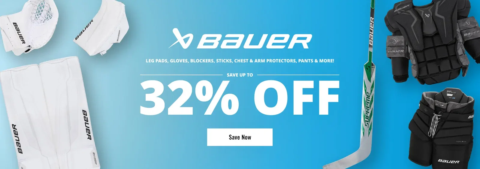 Save up to 32% on Bauer goalie—leg pads, gloves, blockers, sticks, chest & arm protectors, pants, bags, and performance apparel.