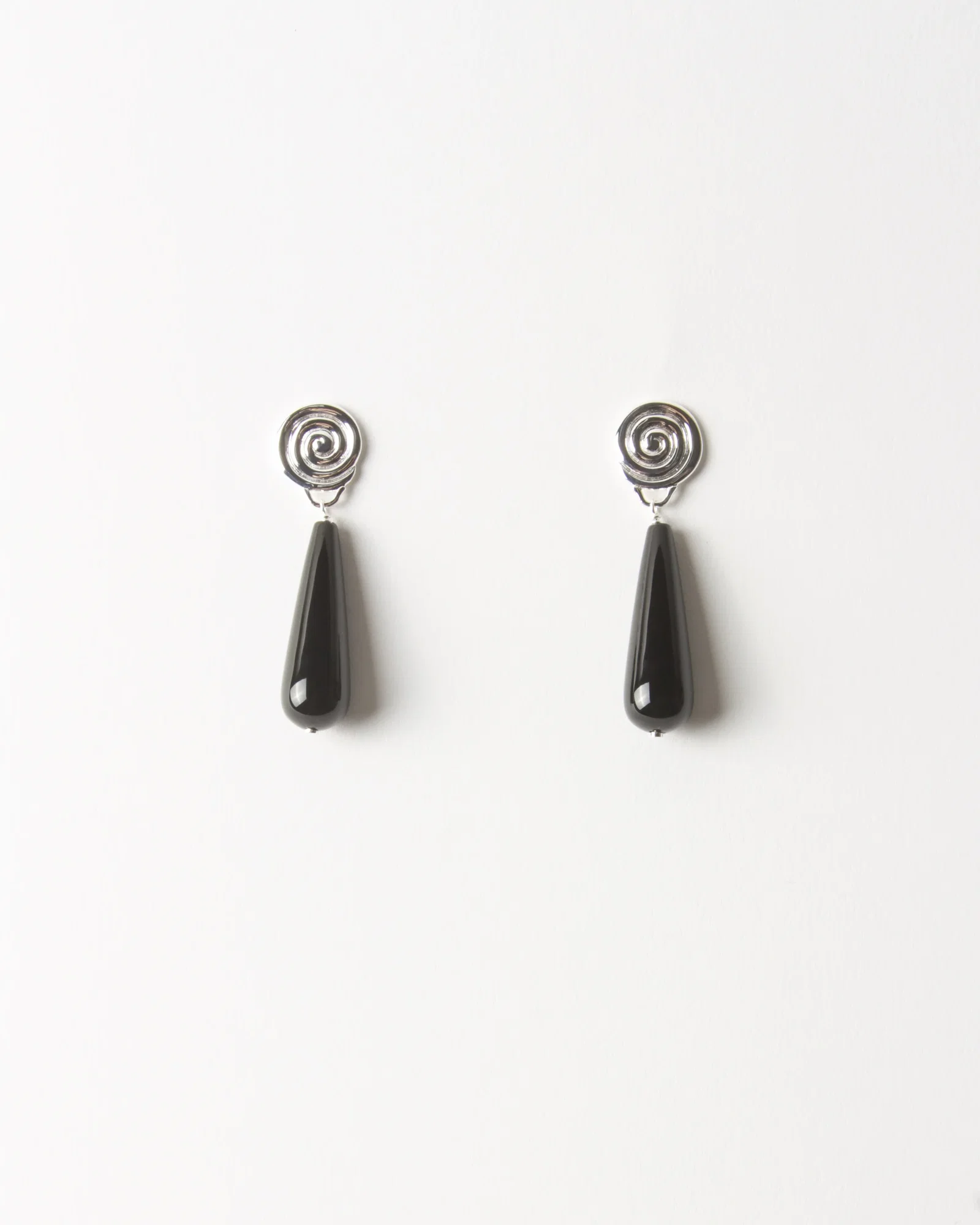 Image of Swirl Tear Droplet Earrings Silver Plated with Onyx