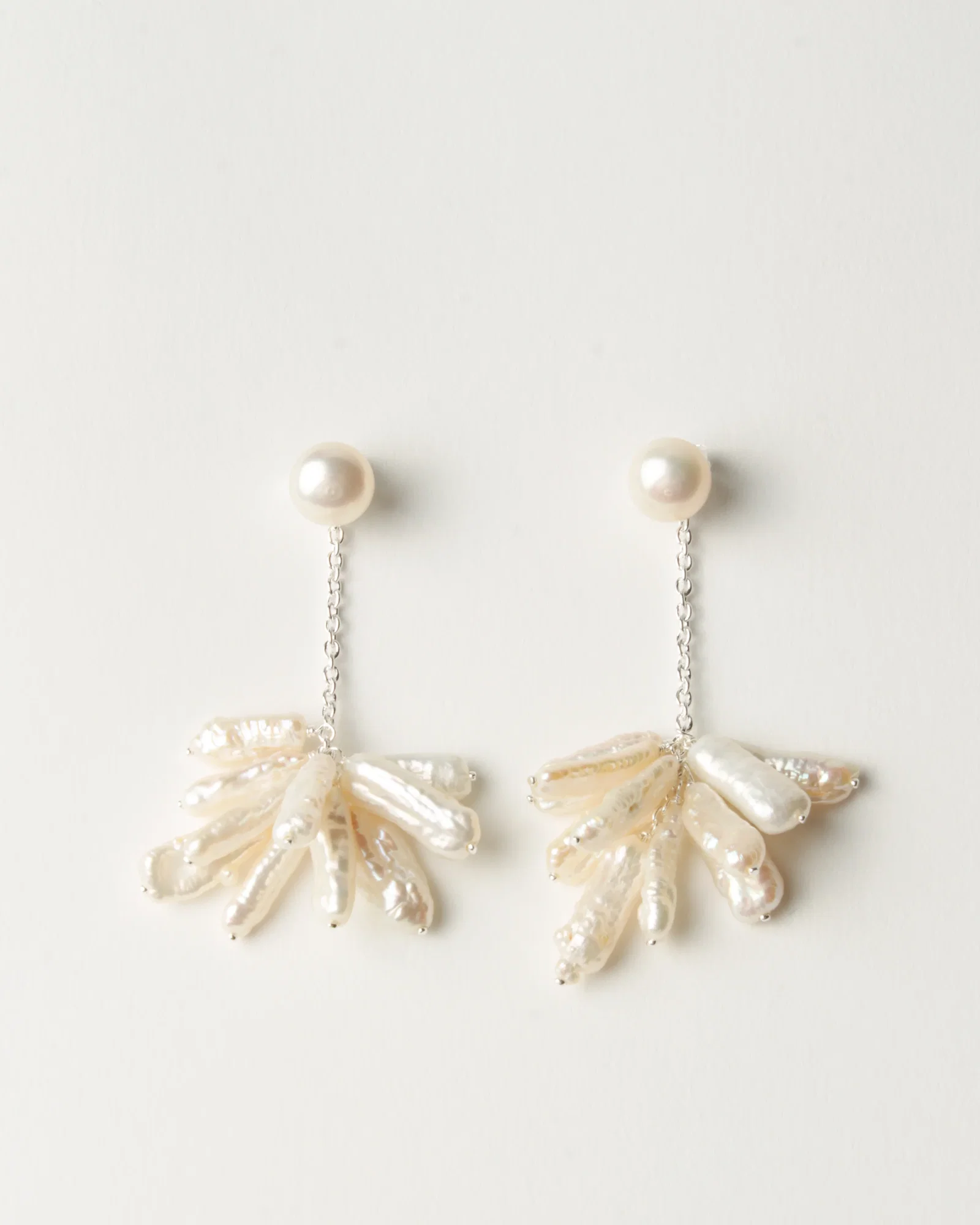 Image of Droplet Pom Pom Earrings Silver Plated with Mother of Pearl