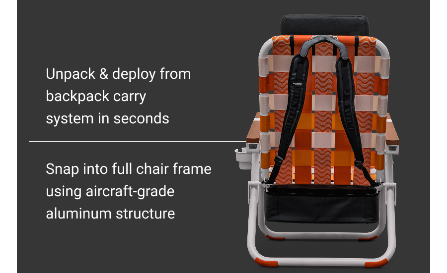Unpack & deploy from backpack carry system in seconds   |.  Snap into full chair frame using aircraft-grade aluminum structure