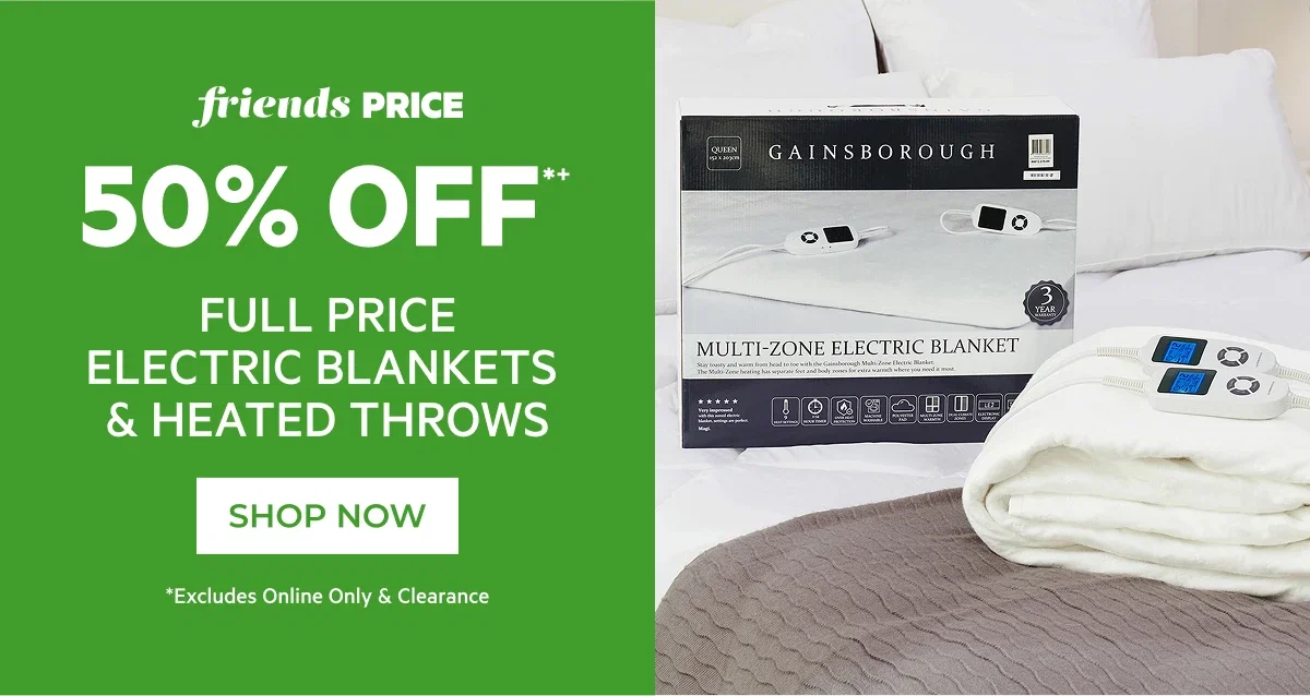 50% off full price electric blankets & heated throws