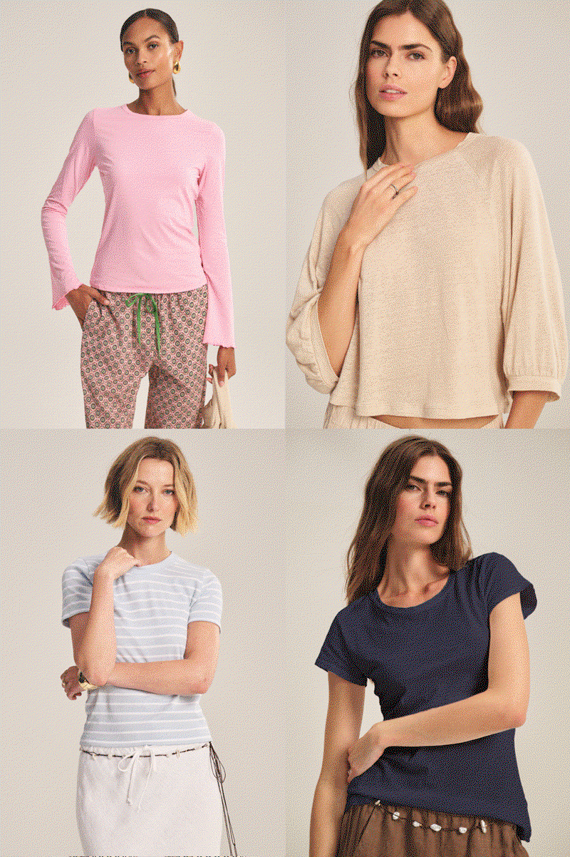 2x2 Grid with multiple model images showing the following tees: Camille Tee, Sammy Tee, Taurus Tank, Odelia Tee, Shelly Tee, and Brenda Tee.