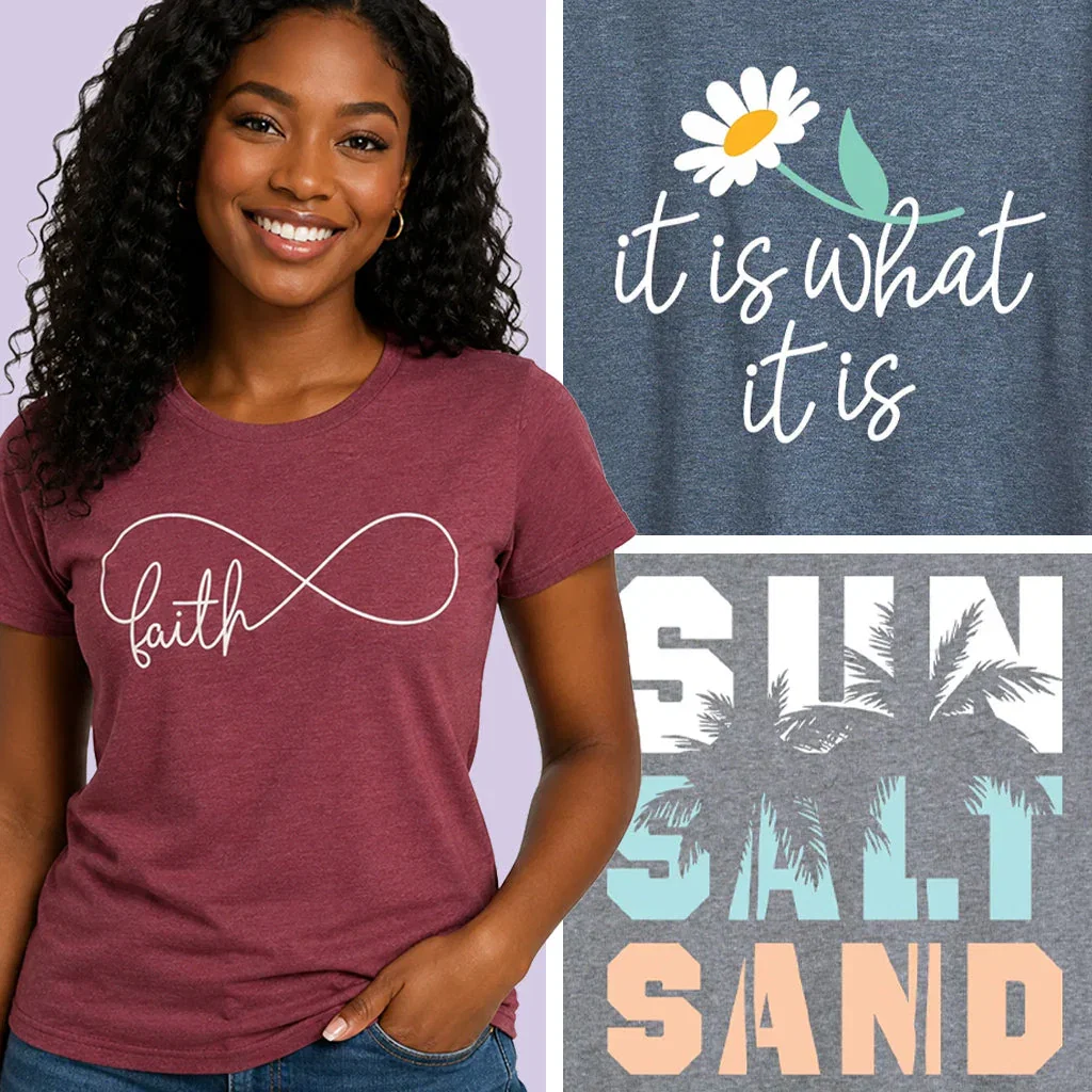 Woman wearing maroon faith infinity graphic tee with promotional images of daisy flower and sun, salt, sand designs