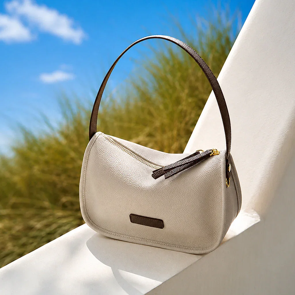Cream leather shoulder bag with dark brown handle displayed against white wall and blue sky with greenery.