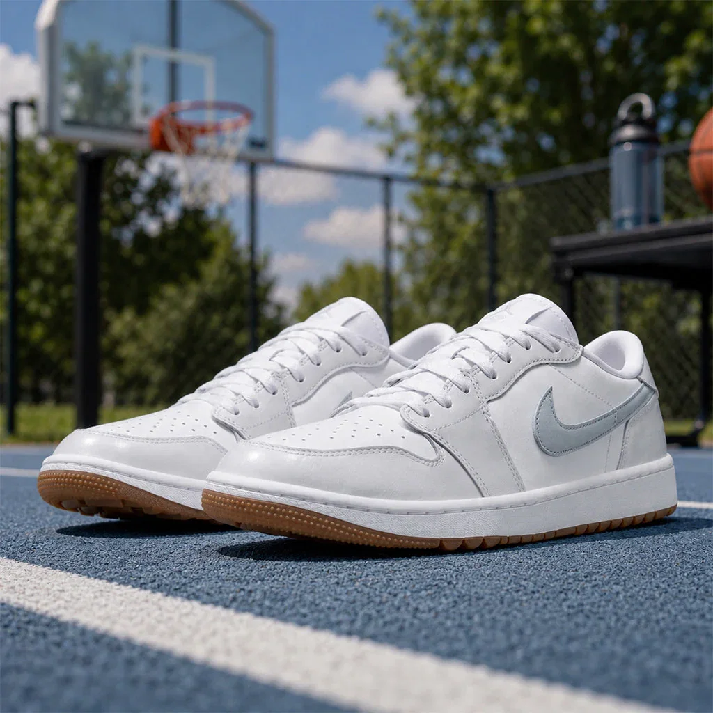 Pair of white Air Jordan sneakers with gum sole on basketball court with hoop in background