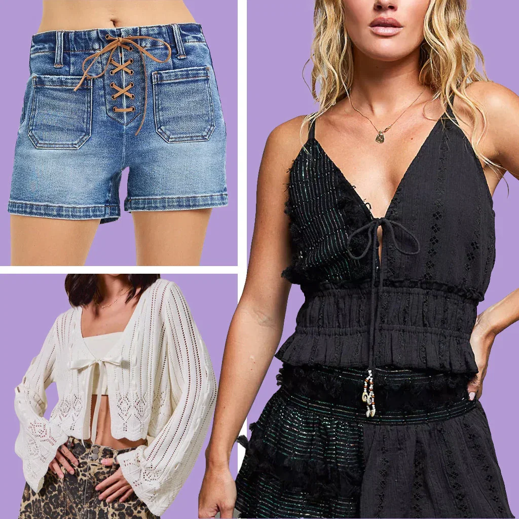 Three women modeling summer fashion: denim shorts with lace-up detail, black halter top, and cream cardigan against purple background.