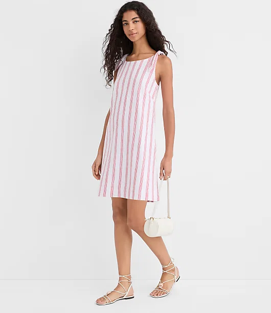 Striped Linen Cotton Tie Boatneck Mini Dress