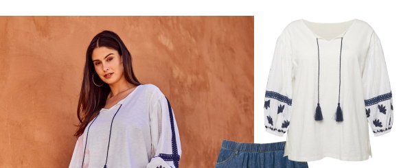 Bluse, Stickerei, Tunika-Ausschnitt, Langarm