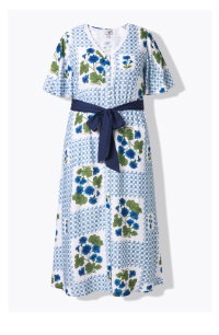 Maxikleid, Karo/Blüten, V-Ausschnitt, Halbarm