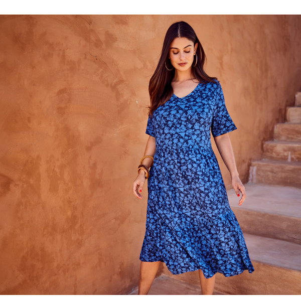 Jerseykleid, Volants, A-Linie, V-Ausschnitt, Halbarm