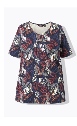 T-Shirt, Blätter, Biesen, A-Linie, V-Ausschnitt, Halbarm