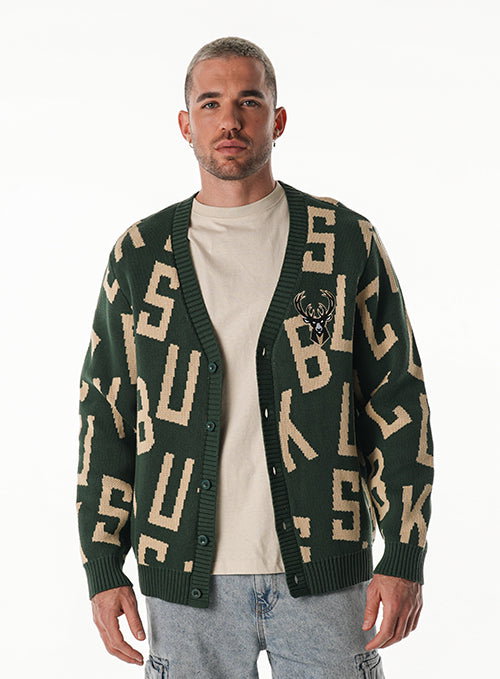 Bucks In Six x The Wild Collective Letter Scramble Milwaukee Bucks Button Cardigan