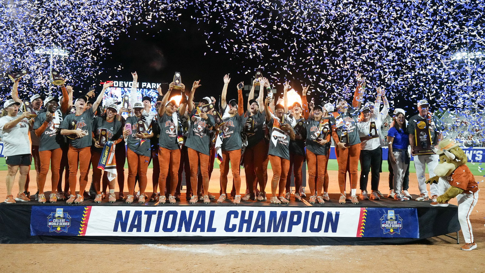 Texas celebrates after winning the 2026 Women's College World Series