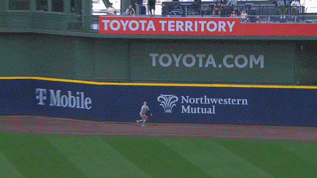 An animated GIF of Drew Gilbert robbing a home run