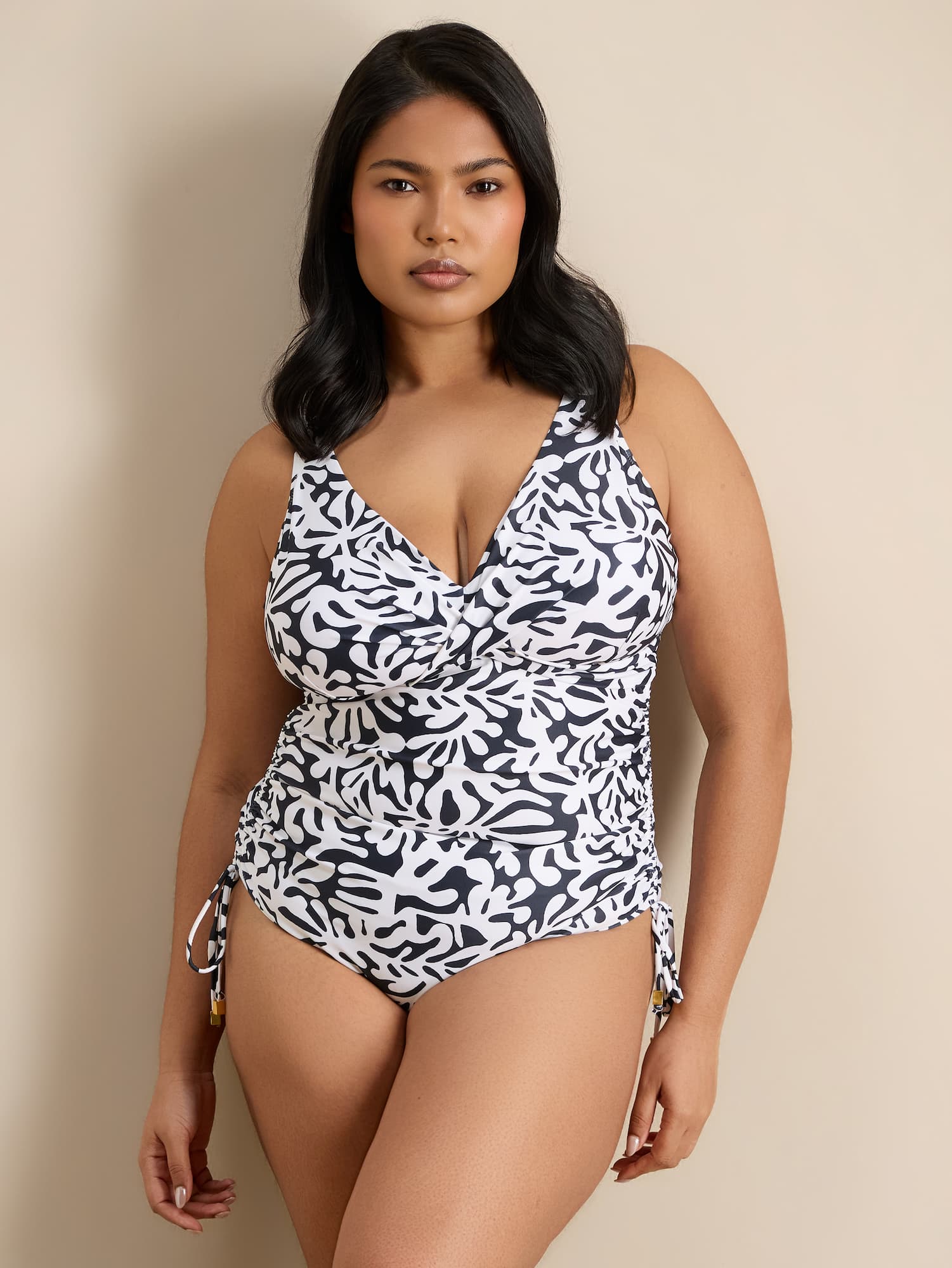 Mono Print Ruched Swimsuit