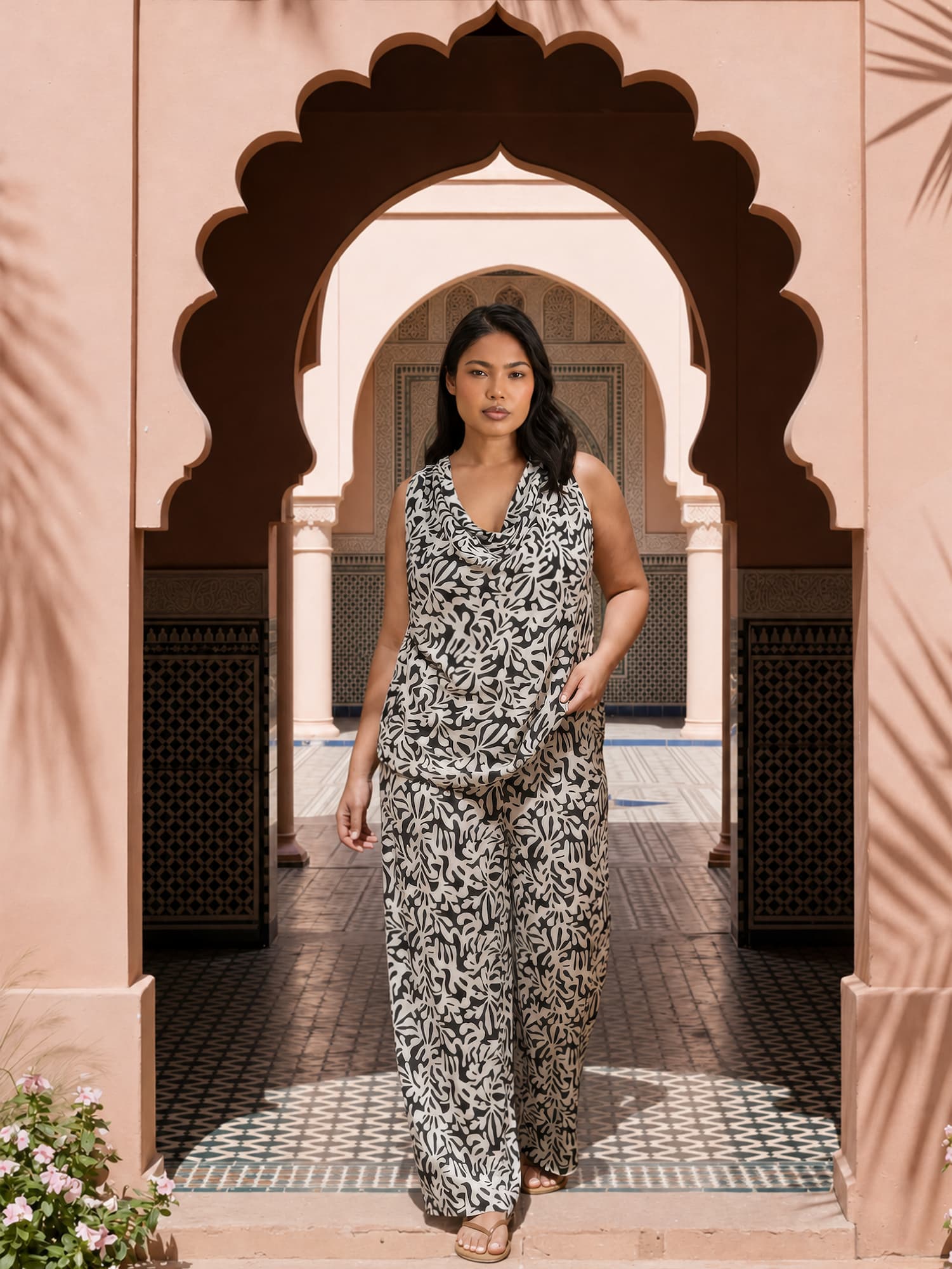 Mono Print Cowl Neck Crinkle Top