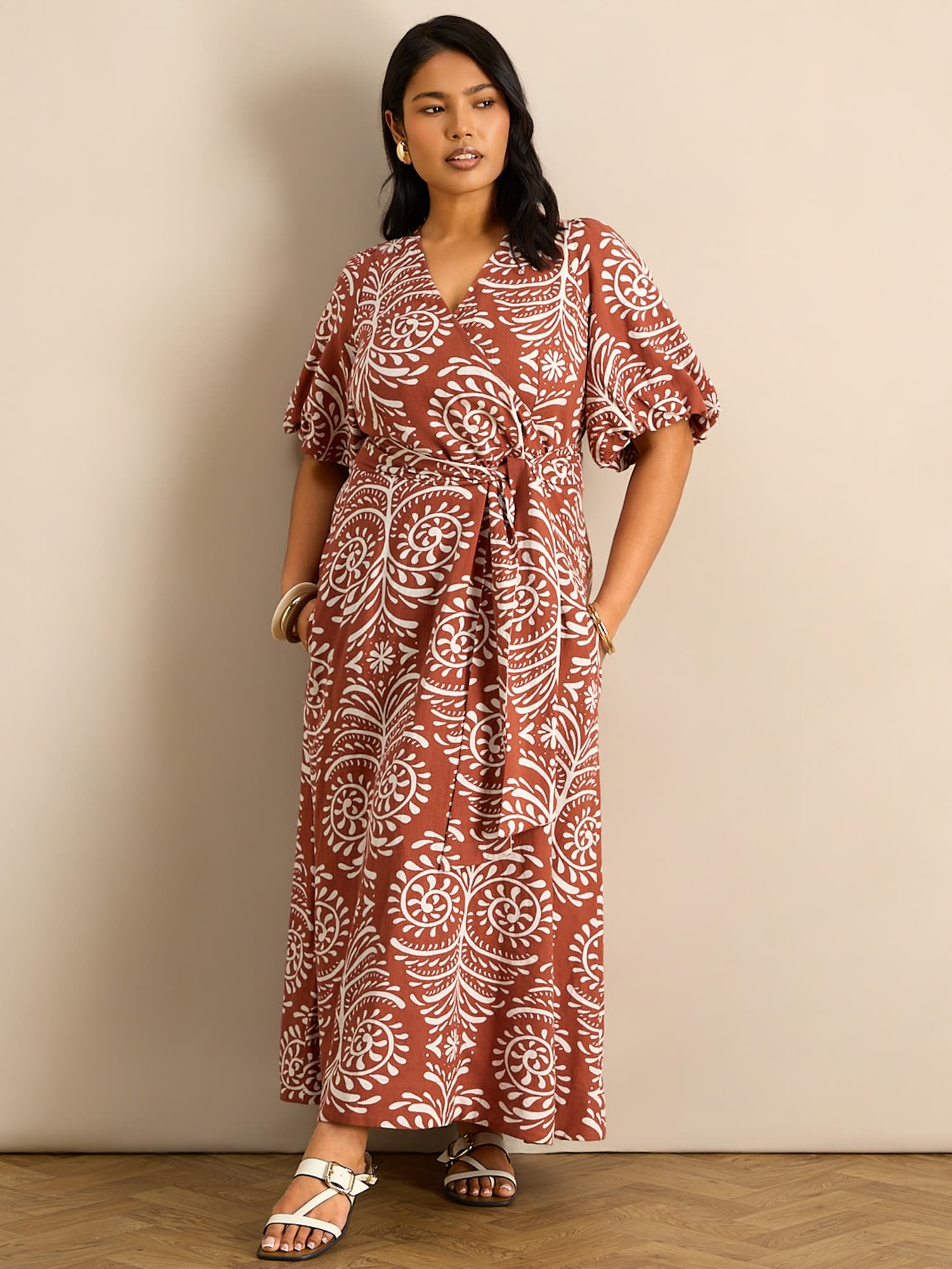Terracotta Print Linen Blend Puff Sleeve Wrap Dress
