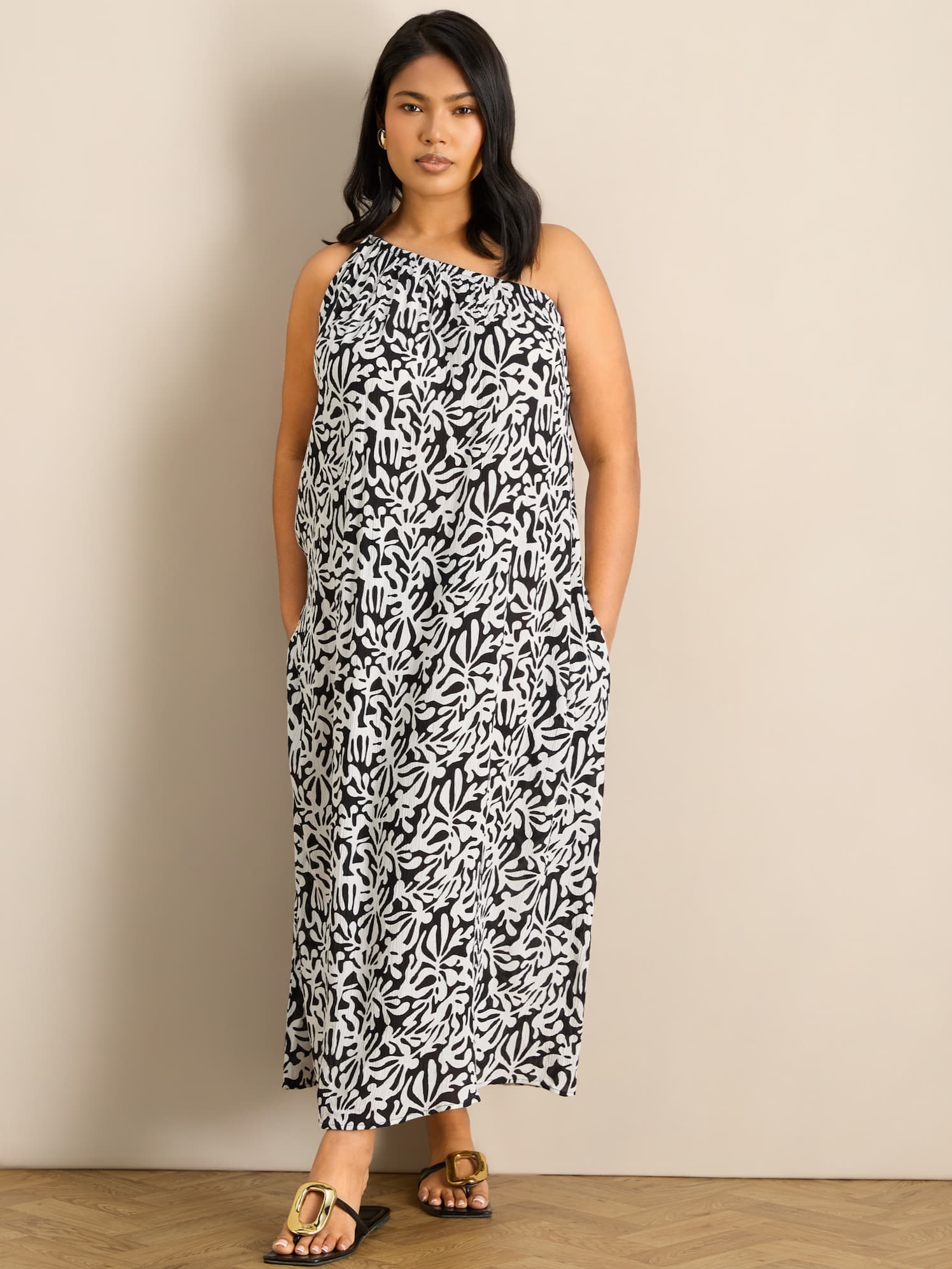 Mono Print One Shoulder Crinkle Maxi Dress