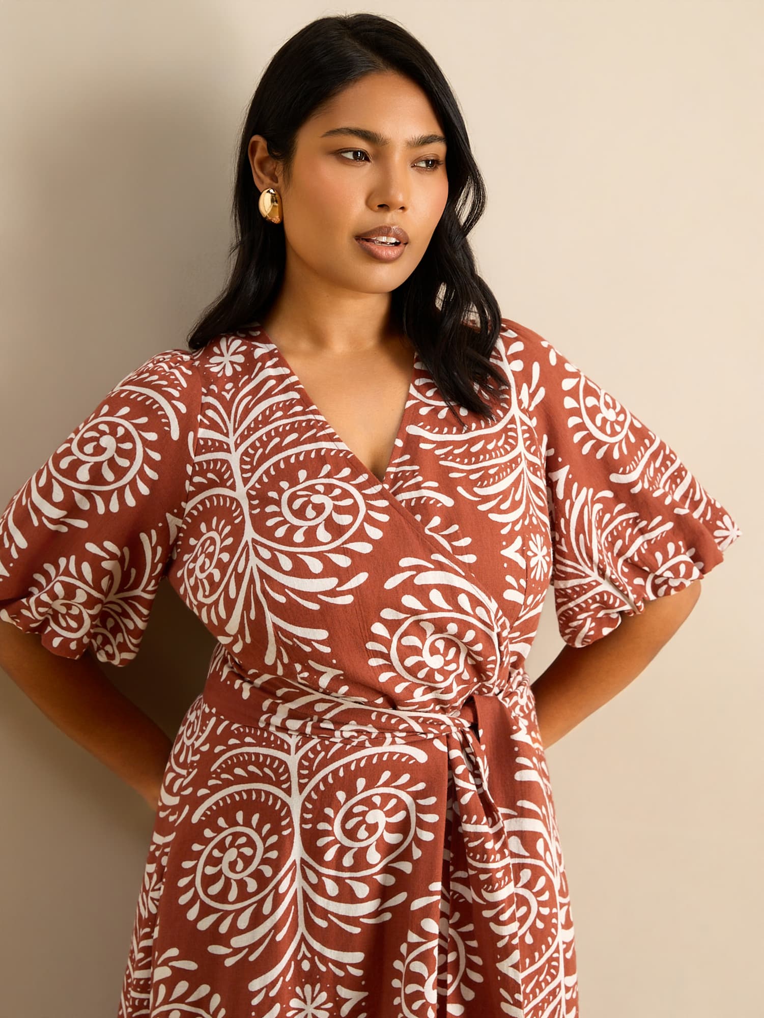 Terracotta Print Linen Blend Puff Sleeve Wrap Dress