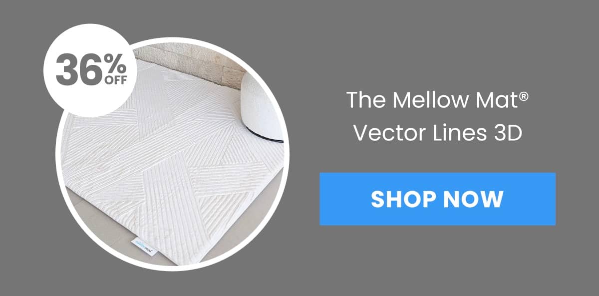 A white mat with a geometric pattern is shown in a close-up view, with a circular graphic overlaying the top left corner displaying '36% OFF', and tex...