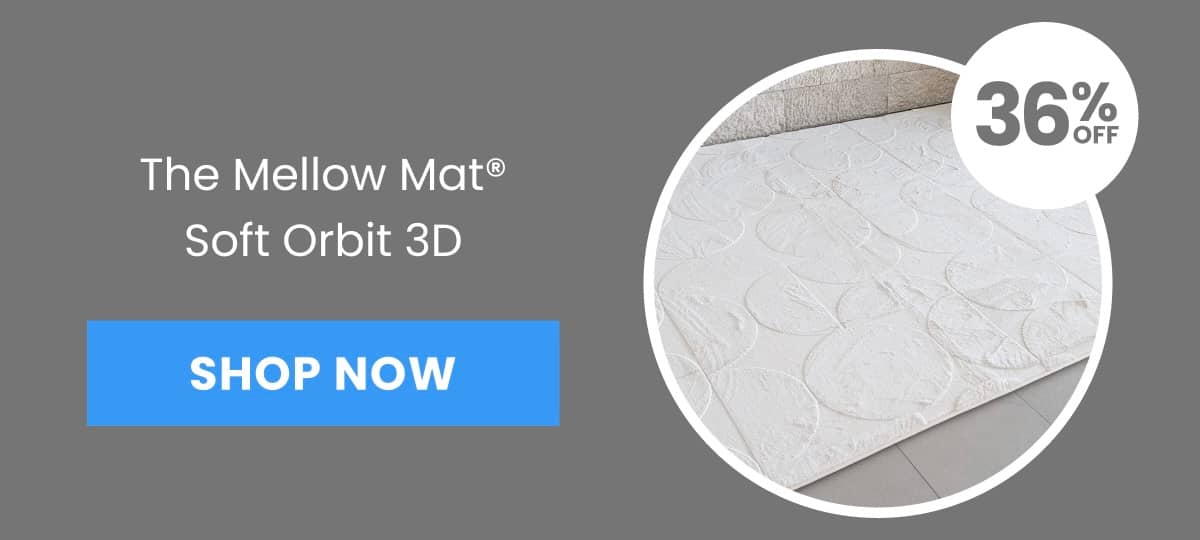 A white textured mat with a circular pattern is shown in a medium shot, with text reading 'The Mellow Mat® Soft Orbit 3D' and a blue 'SHOP NOW' button...