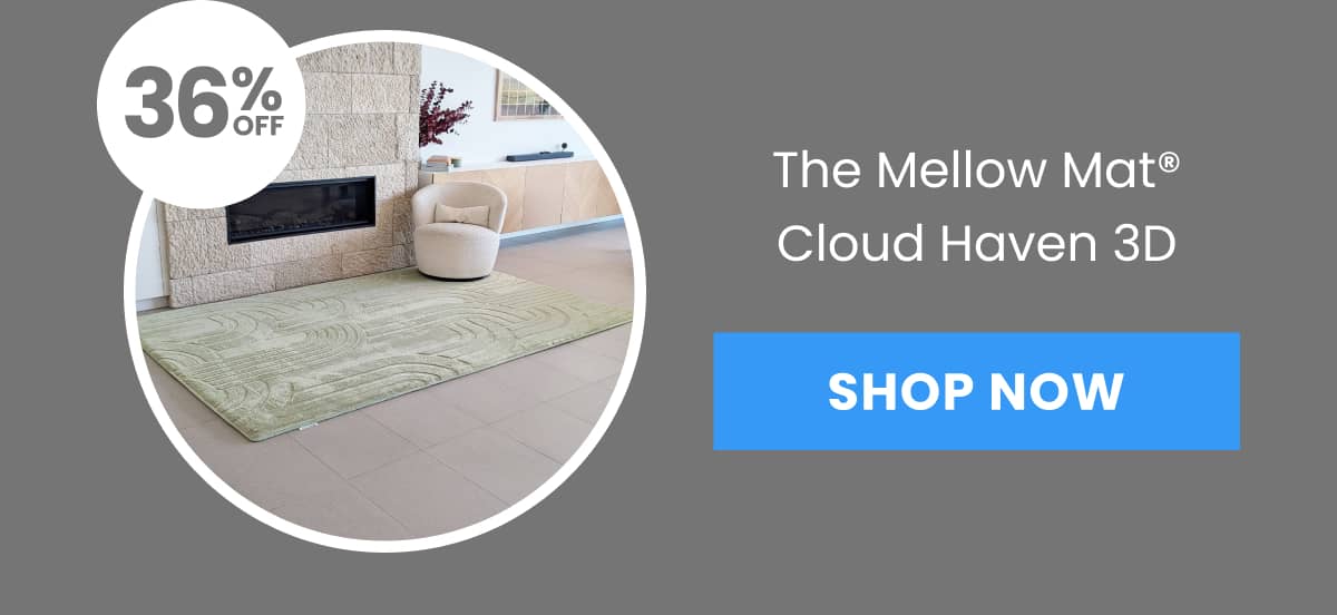 A light green rug with a textured pattern is laid out in front of a modern fireplace, with a white armchair to the right, all within a circular frame ...