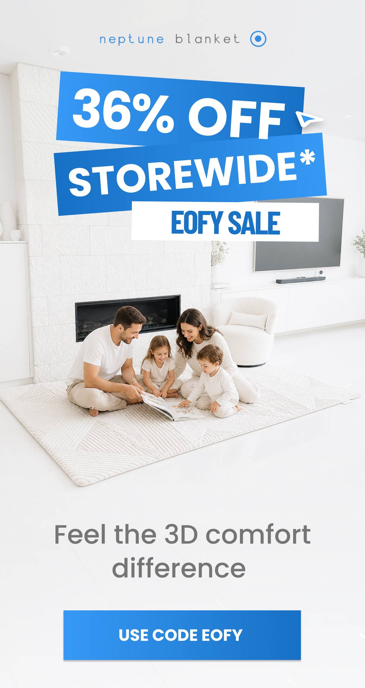 A family of four sits on a rug in a bright, modern living room, looking at a book, with a blue banner above them reading '36% OFF STOREWIDE* EOFY SALE...