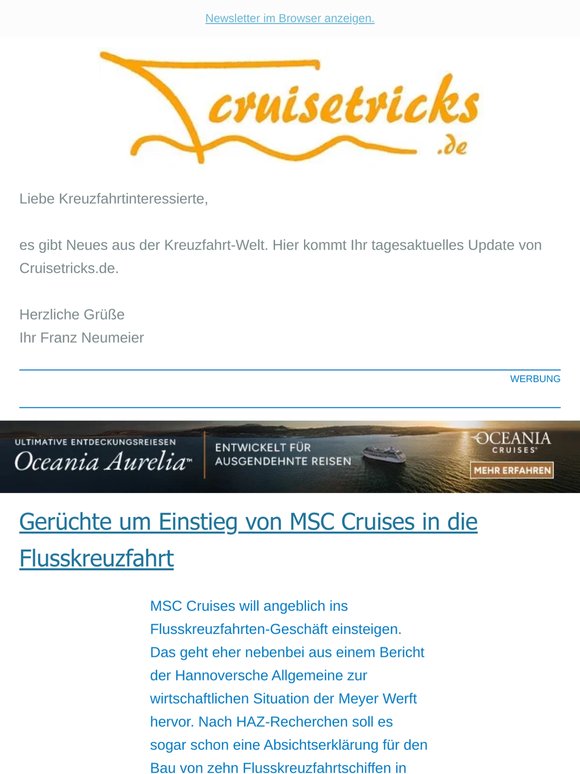 News, u.a.: "Gerüchte um Einstieg von MSC Cruises in die Flusskreuzfahrt" - von cruisetricks.de