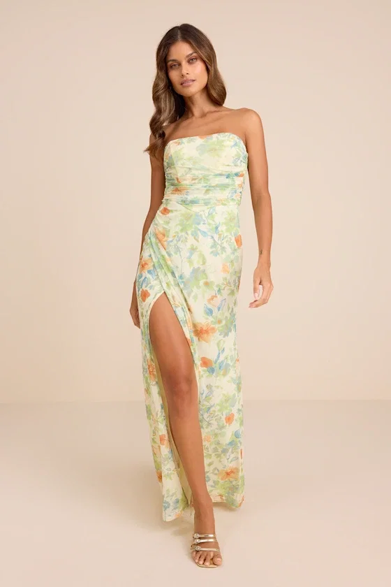 Image of Epitome of Allure Lime Floral Mesh Strapless Ruched Maxi Dress
