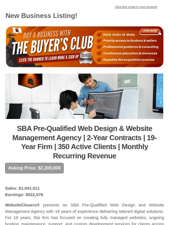 New Deal Alert: SBA Pre-Qualified Web Design & Website Management Agency | 2-Year Contracts | 19-Year Firm | 350 Active Clients | Monthly Revenue