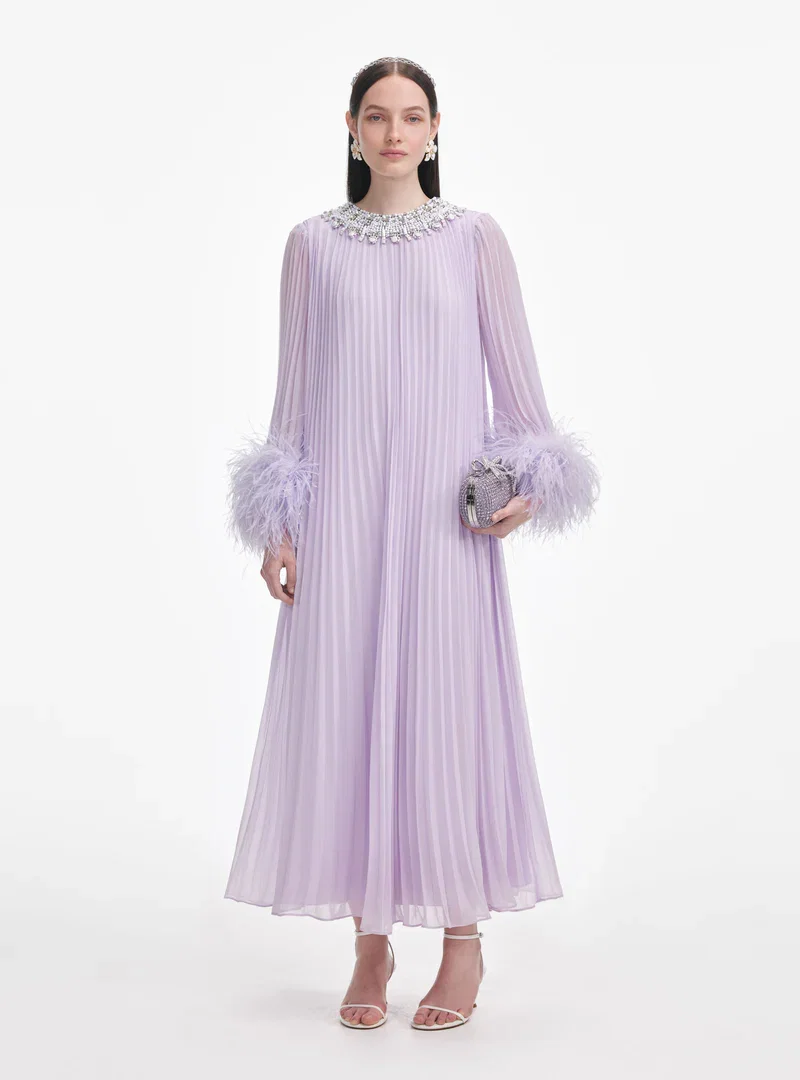 LILAC CHIFFON FEATHER MIDI DRESS