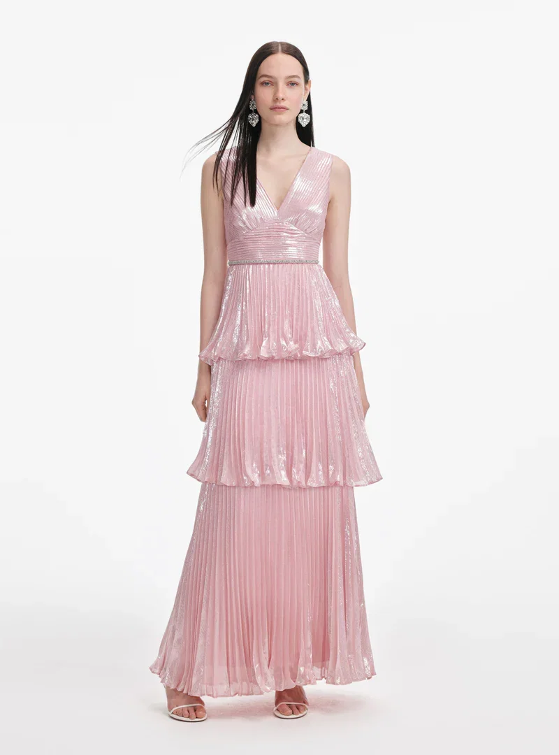 PINK METALLIC TIERED MAXI DRESS