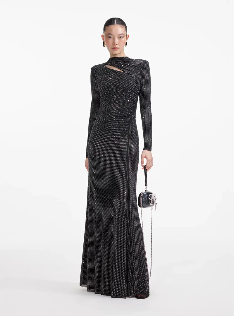BLACK RHINESTONE MESH CUT OUT MAXI DRESS
