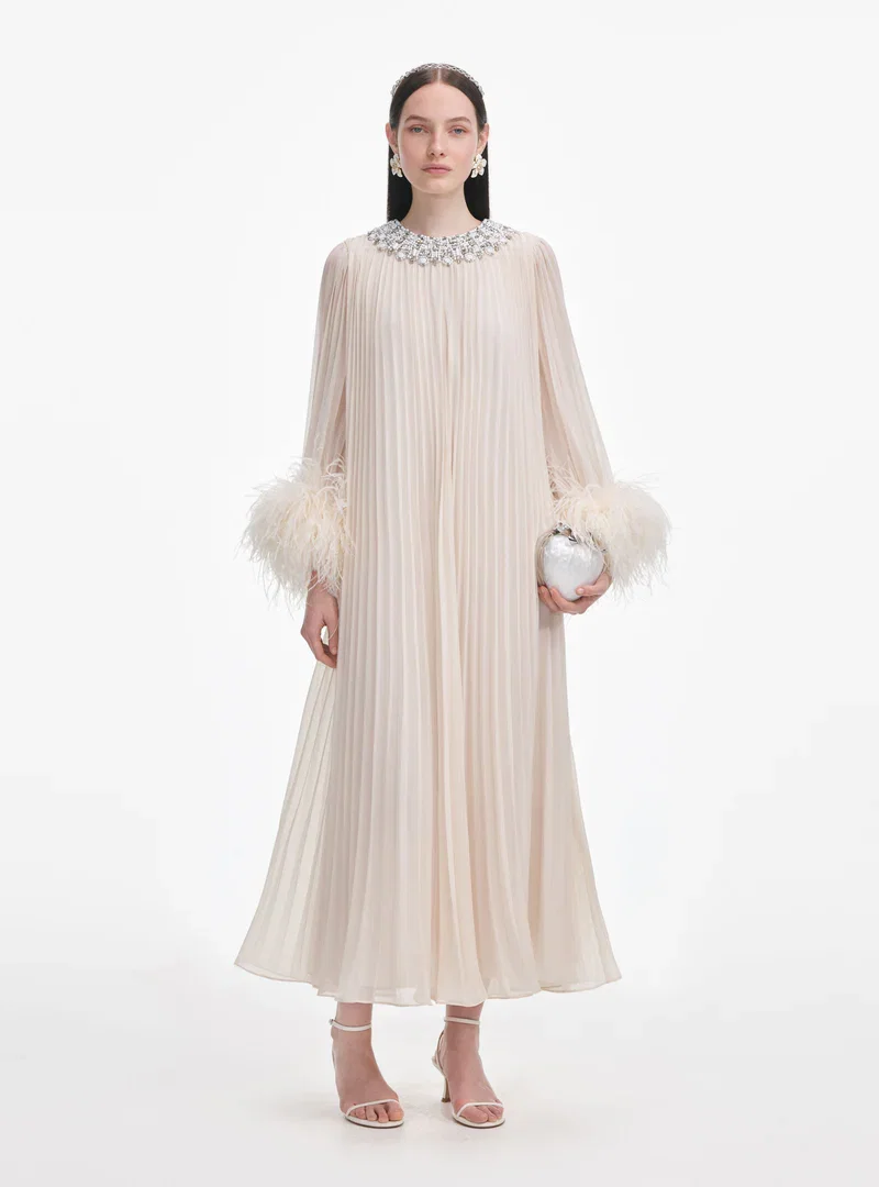 CREAM CHIFFON FEATHER MIDI DRESS