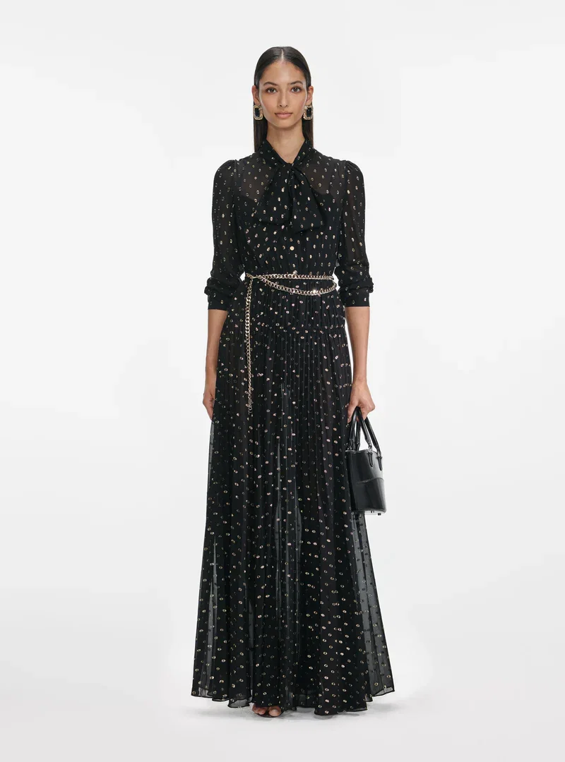 BLACK AND GOLD TIE NECK MAXI DRESS