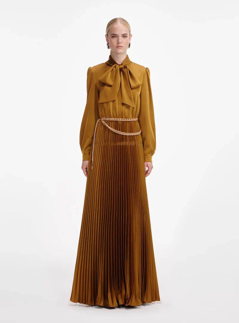 BRONZE SATIN TIE NECK MAXI DRESS