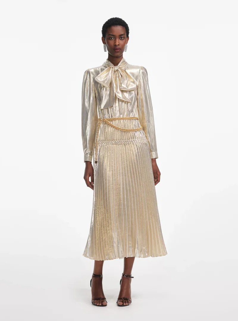 GOLD METALLIC TIE NECK MIDI DRESS
