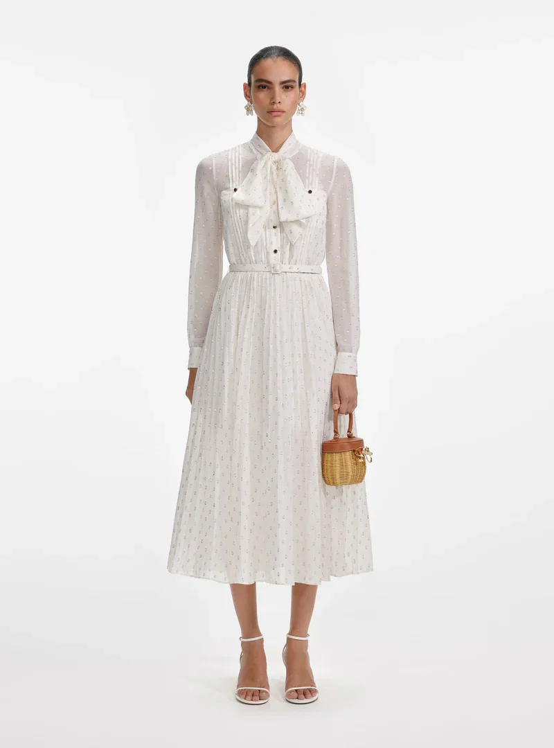 CREAM AND GOLD TIE NECK MIDI DRESS