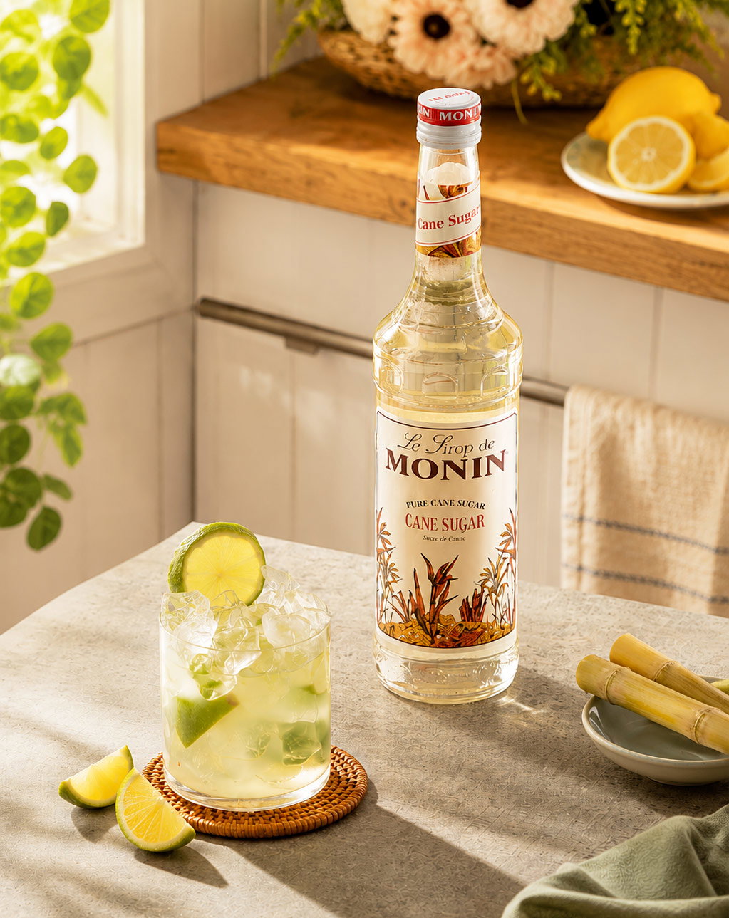 Bottle of Monin cane sugar syrup beside an ice-filled lime cocktail, lime wedges and sugarcane on a sunlit kitchen table