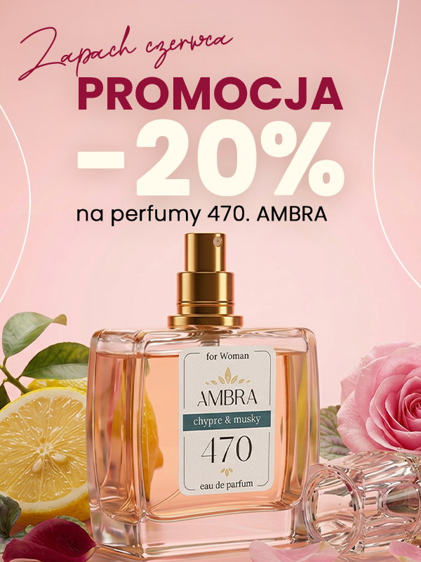 Ambra 470 eau de parfum bottle with lemon slice and rose on pink background, bold '-20% promotion' text