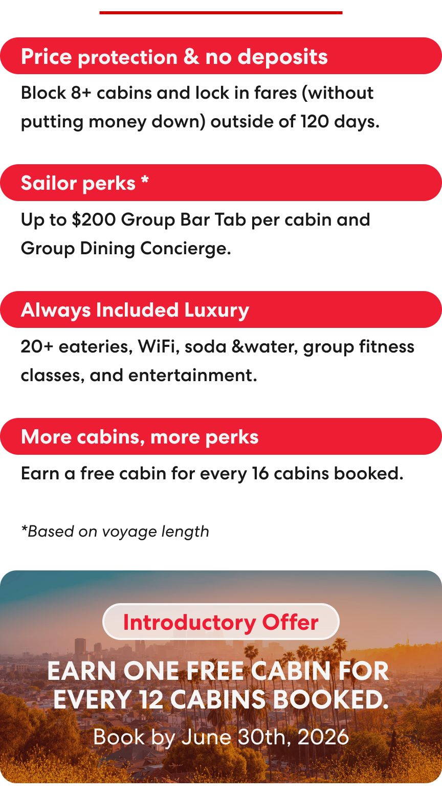Introductory offer. Earn one free cabin for every 12 cabins booked. Ends June 30th, 2026