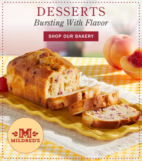 Desserts Bursting with Flavor. Shop Our Bakery. Raspberry Peach Melba Loaf Cake by Mildred's Baked Goods