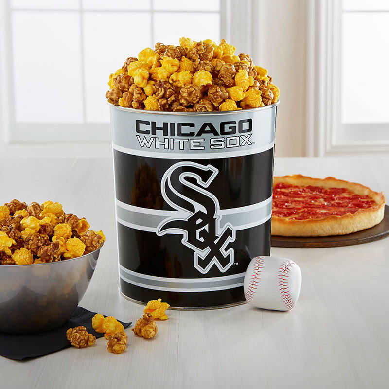 Image of Garrett Popcorn Chicago White Sox Classic Tin & 2 Lou's Pizzas