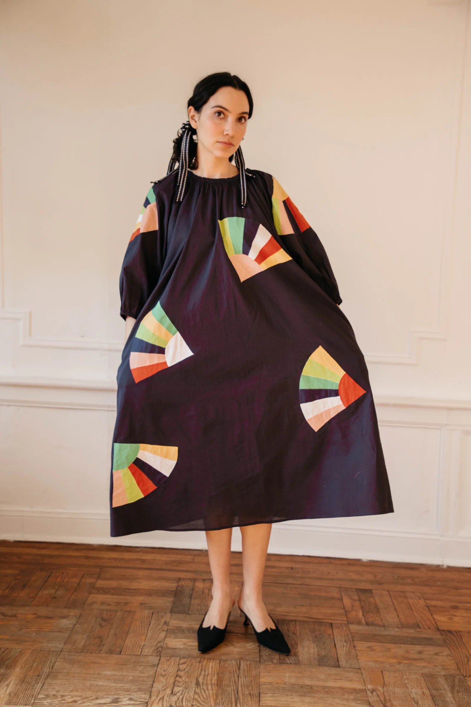 Image of Ballad Dress - Navy Fan Patch Cotton