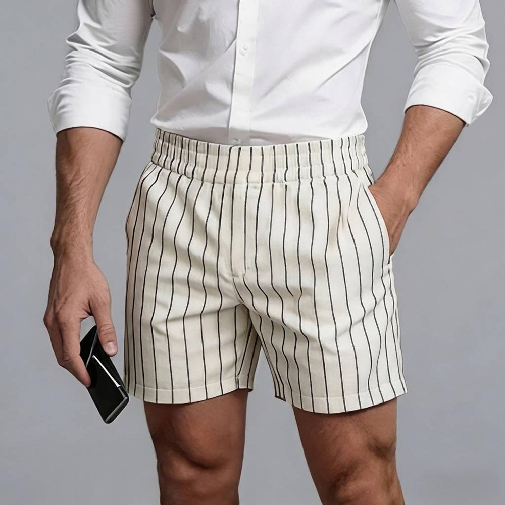 Okaywear Pinstripe Print Slant Pocket Elastic Waist Beige Shorts