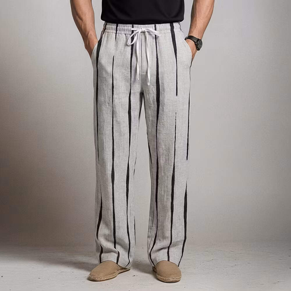 Okaywear Striped Printed Drawstring Slant Pocket Relaxed Fit Gray Pants