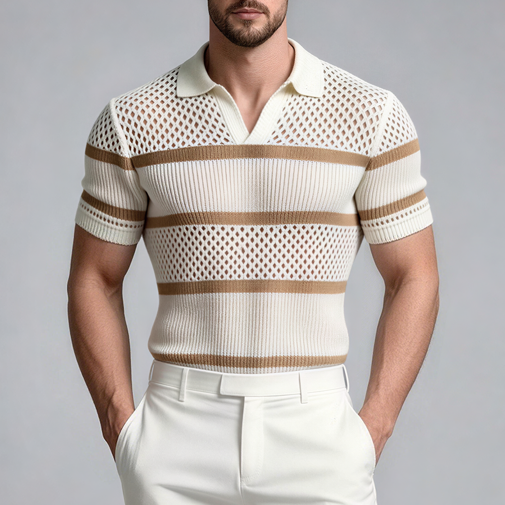 Okaywear Mesh Ribbed Contrast Striped Beige Short Sleeve Top